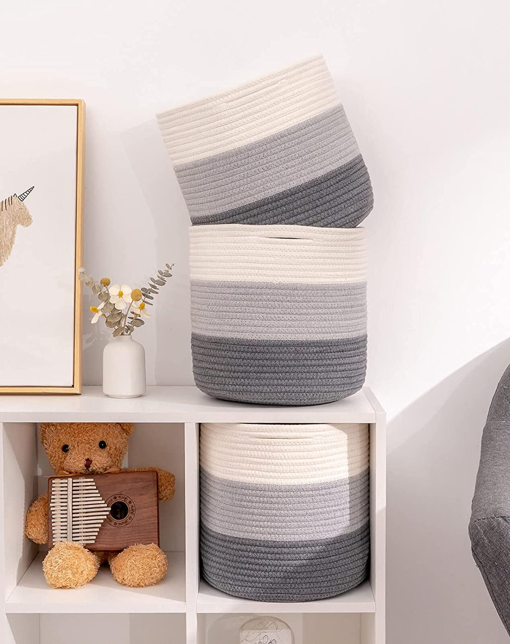 Voten Woven Cotton Rope round 11X11X11'' Storage Cubes Baskets Bins Organizer, 3-Tone Gray, 3-Pack