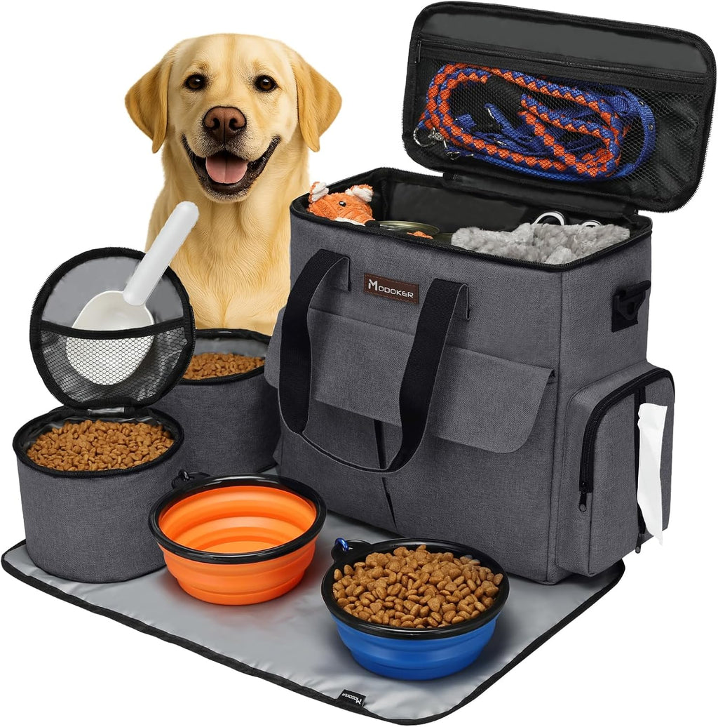 Modoker Dog Travel Bag, Weekend Pet Travel Set for Dog and Cat, Airline Approved Tote Organizer with Multi-Function Pockets, 2 Food Storage Containers, 2 Collapsible Bowls, 1 Feeding Mat (Grey)