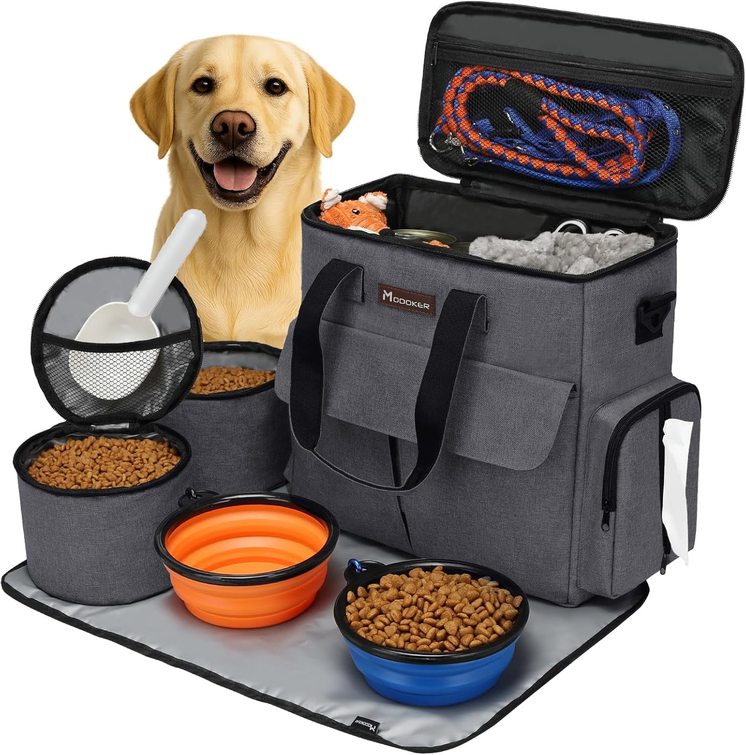 Modoker Dog Travel Bag, Weekend Pet Travel Set for Dog and Cat, Airline Approved Tote Organizer with Multi-Function Pockets, 2 Food Storage Containers, 2 Collapsible Bowls, 1 Feeding Mat (Grey)
