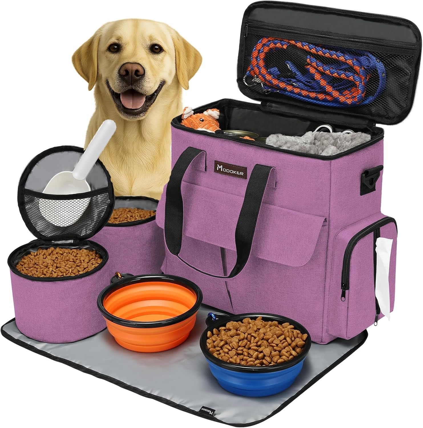 Modoker Dog Travel Bag, Weekend Pet Travel Set for Dog and Cat, Airline Approved Tote Organizer with Multi-Function Pockets, 2 Food Storage Containers, 2 Collapsible Bowls, 1 Feeding Mat (Grey)