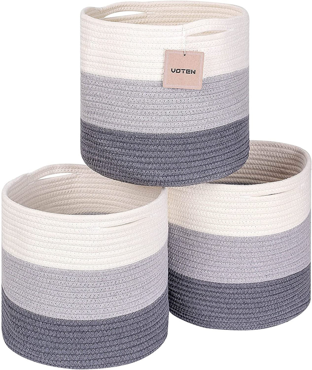 Voten Woven Cotton Rope round 11X11X11'' Storage Cubes Baskets Bins Organizer, 3-Tone Gray, 3-Pack