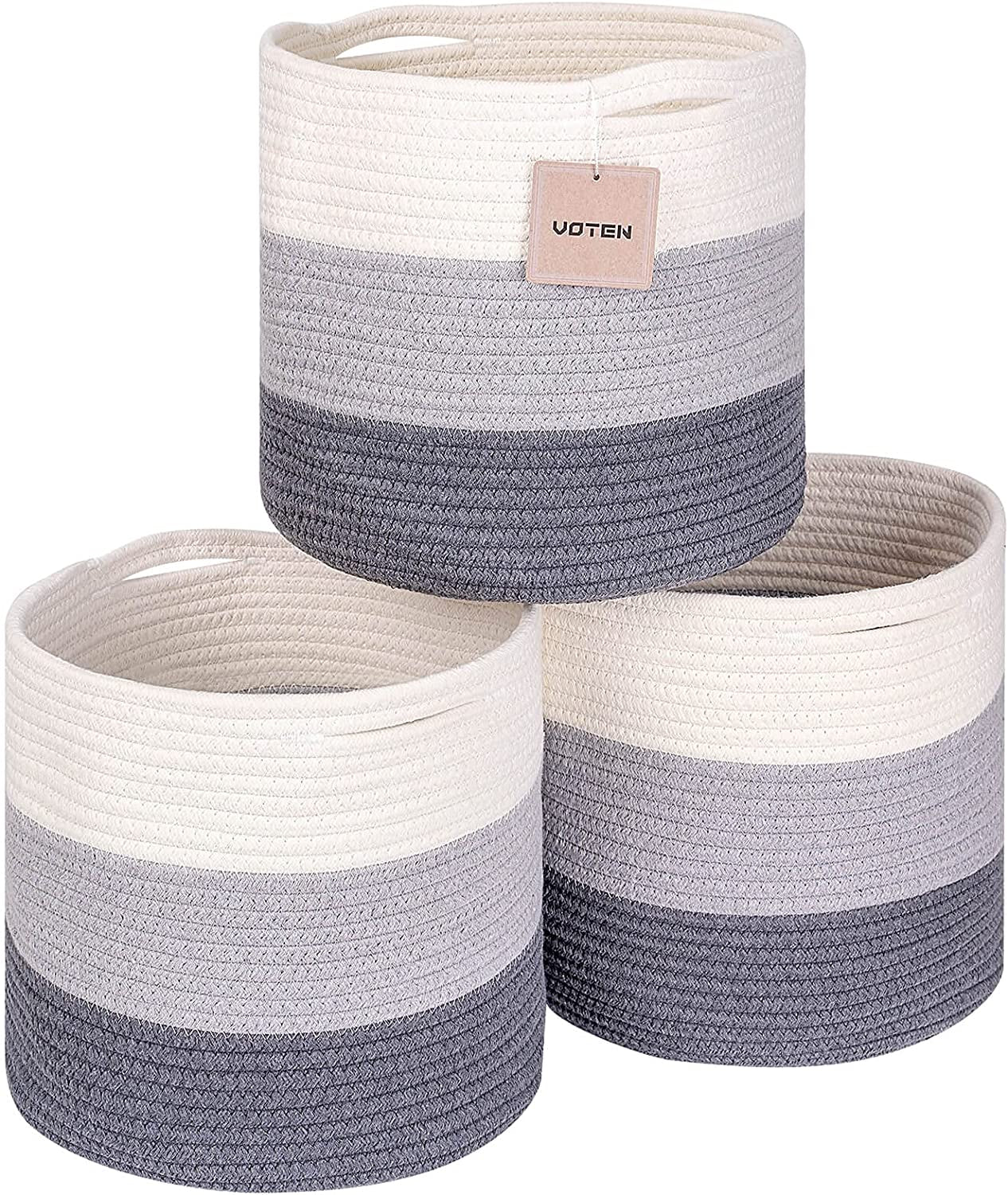 Voten Woven Cotton Rope round 11X11X11'' Storage Cubes Baskets Bins Organizer, 3-Tone Gray, 3-Pack