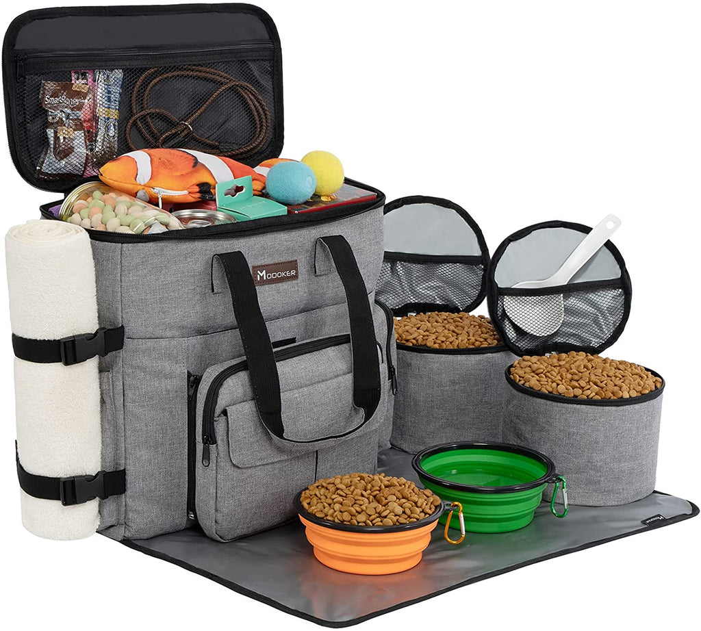 Modoker Dog Travel Bag, Weekend Pet Travel Set for Dog and Cat, Airline Approved Tote Organizer with Multi-Function Pockets, 2 Food Storage Containers, 2 Collapsible Bowls, 1 Feeding Mat (Grey)