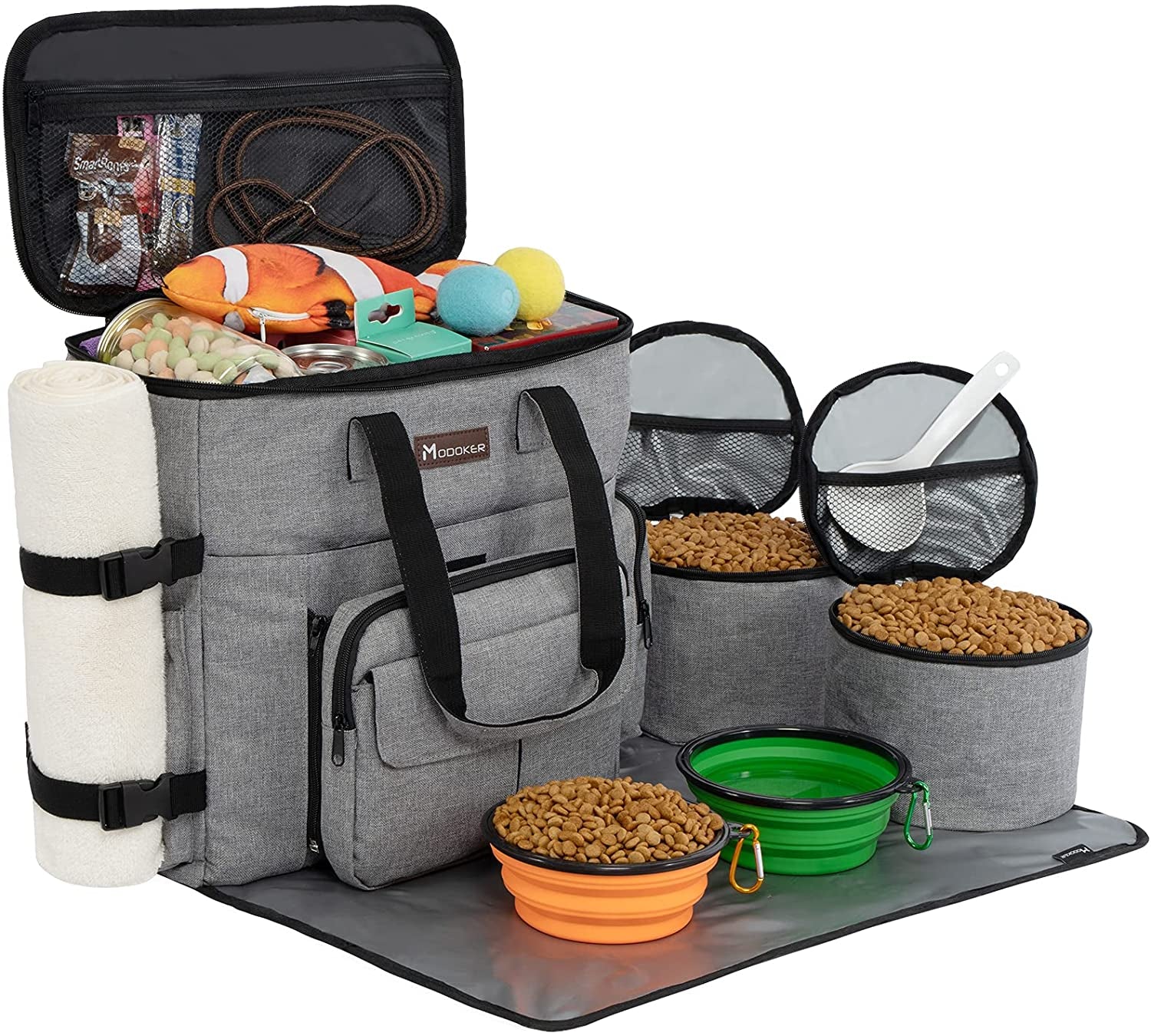 Modoker Dog Travel Bag, Weekend Pet Travel Set for Dog and Cat, Airline Approved Tote Organizer with Multi-Function Pockets, 2 Food Storage Containers, 2 Collapsible Bowls, 1 Feeding Mat (Grey)