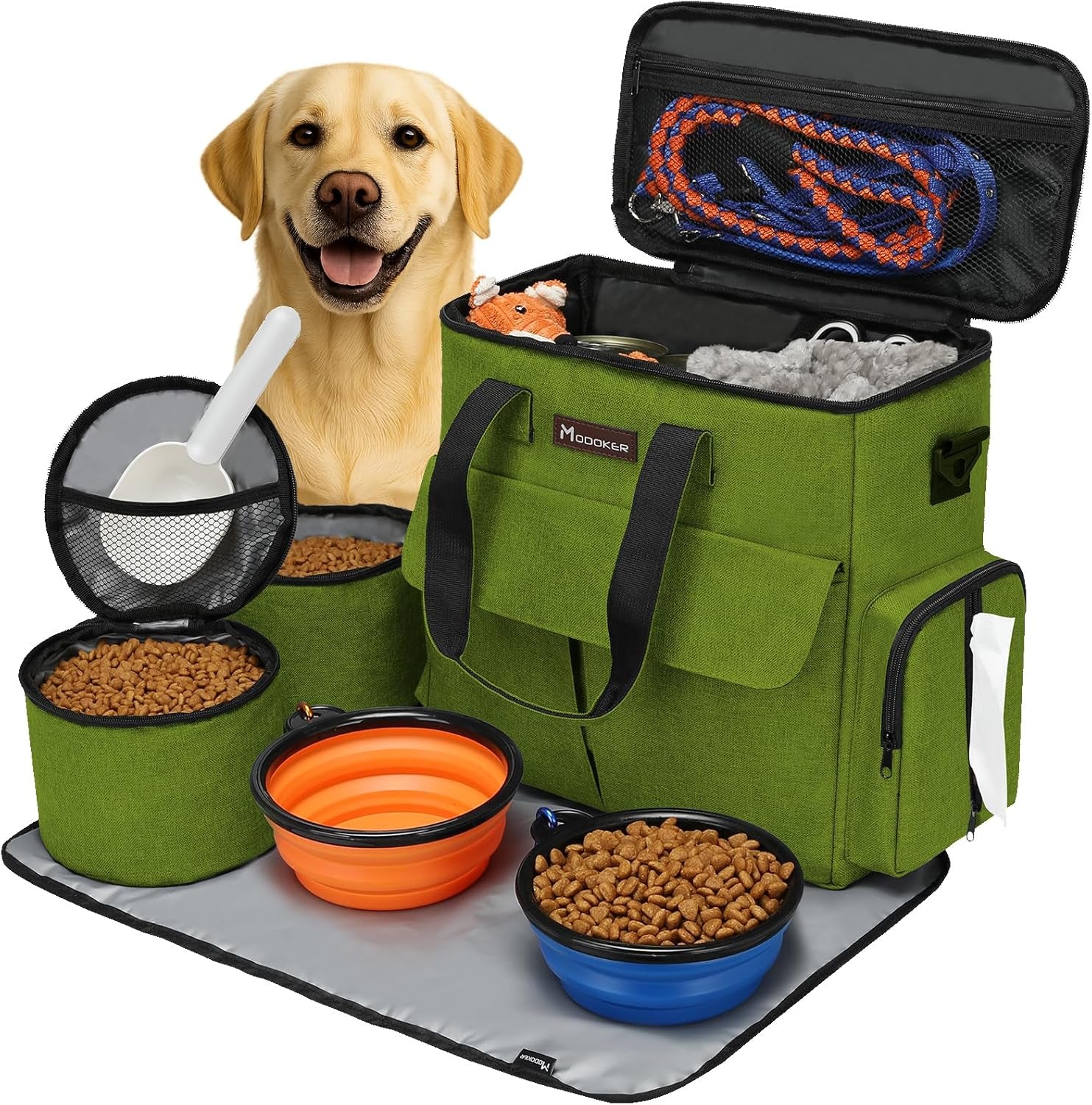 Modoker Dog Travel Bag, Weekend Pet Travel Set for Dog and Cat, Airline Approved Tote Organizer with Multi-Function Pockets, 2 Food Storage Containers, 2 Collapsible Bowls, 1 Feeding Mat (Grey)