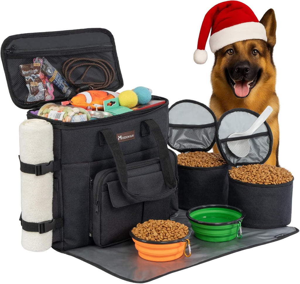 Modoker Dog Travel Bag, Weekend Pet Travel Set for Dog and Cat, Airline Approved Tote Organizer with Multi-Function Pockets, 2 Food Storage Containers, 2 Collapsible Bowls, 1 Feeding Mat (Grey)