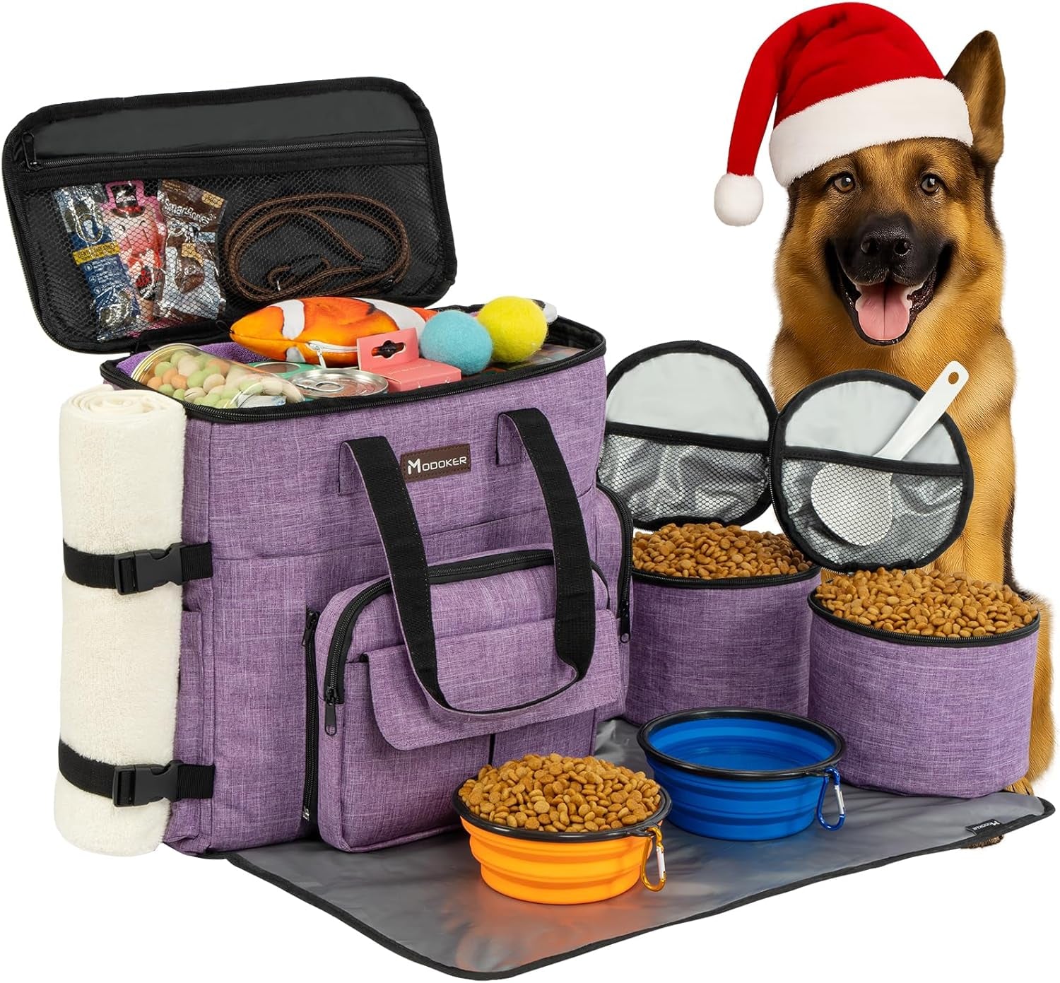 Modoker Dog Travel Bag, Weekend Pet Travel Set for Dog and Cat, Airline Approved Tote Organizer with Multi-Function Pockets, 2 Food Storage Containers, 2 Collapsible Bowls, 1 Feeding Mat (Grey)