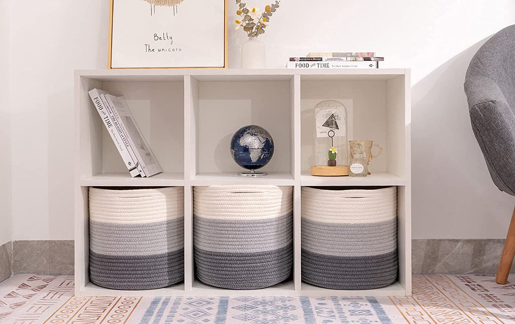 Voten Woven Cotton Rope round 11X11X11'' Storage Cubes Baskets Bins Organizer, 3-Tone Gray, 3-Pack
