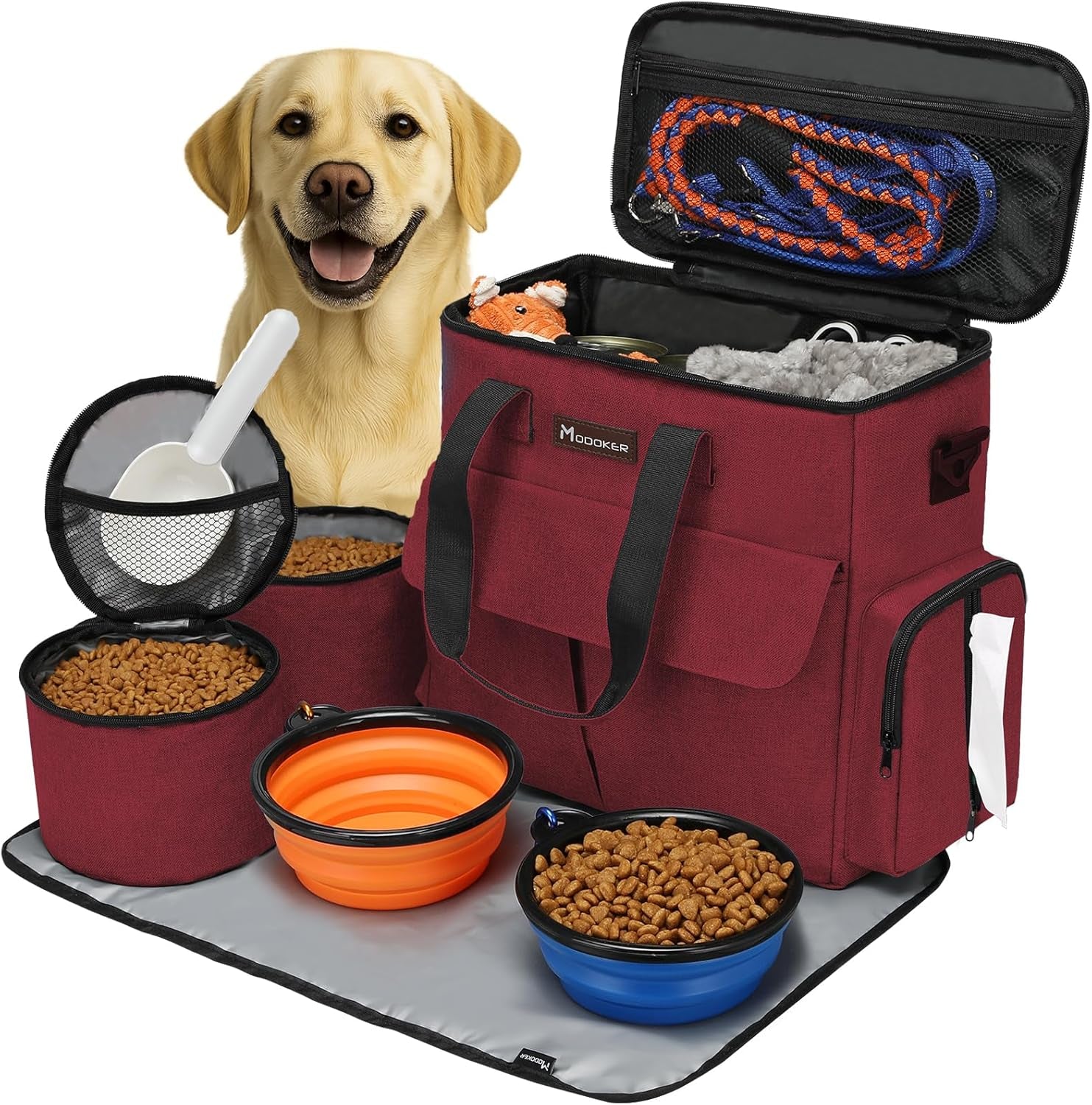 Modoker Dog Travel Bag, Weekend Pet Travel Set for Dog and Cat, Airline Approved Tote Organizer with Multi-Function Pockets, 2 Food Storage Containers, 2 Collapsible Bowls, 1 Feeding Mat (Grey)